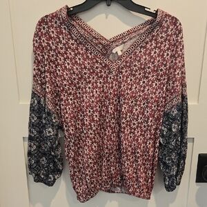 Lucky Brand Los Angeles Floral V-Neck Women's Blouson Top - Red and Blue S